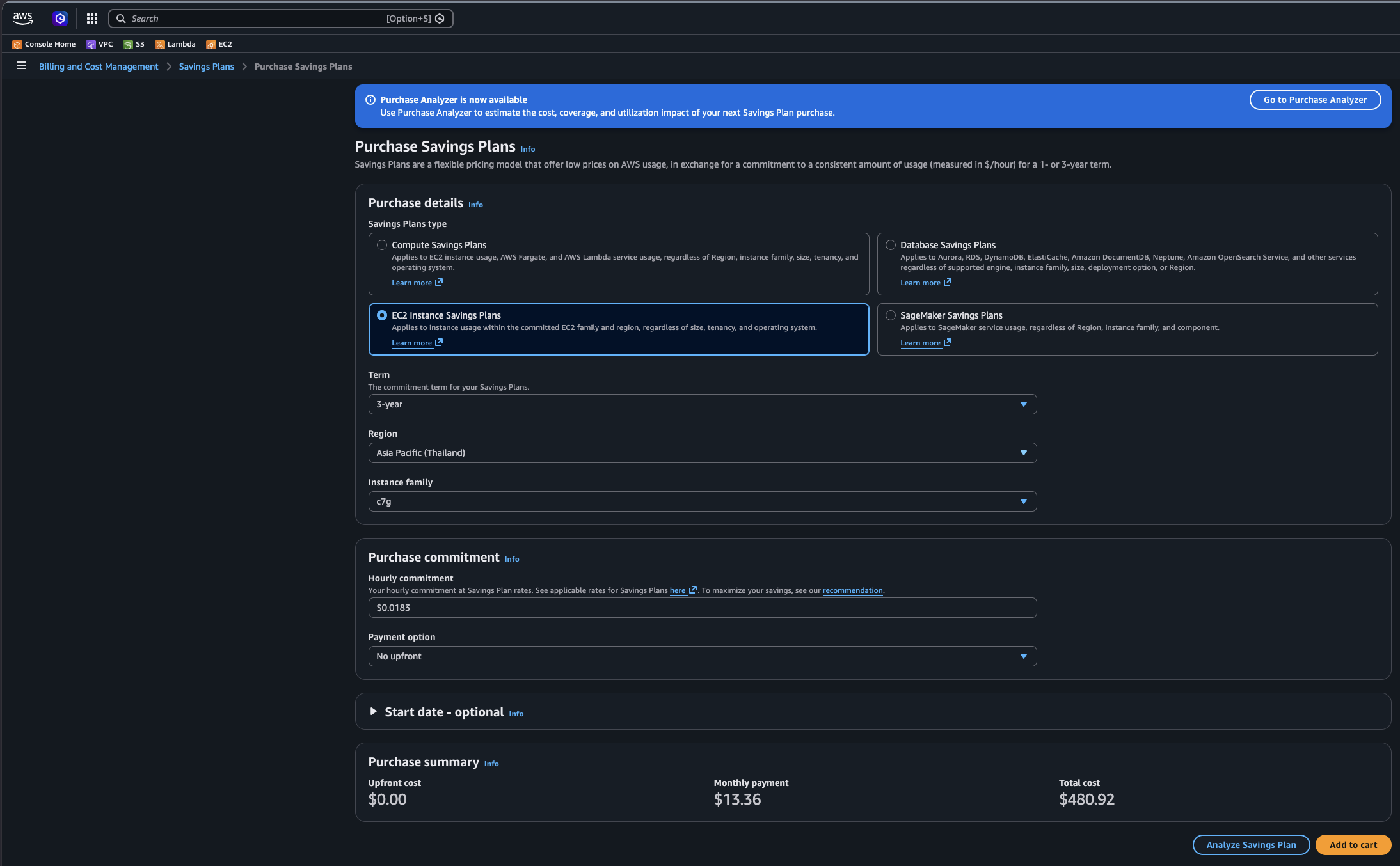 AWS console — purchasing an EC2 Instance Savings Plan
